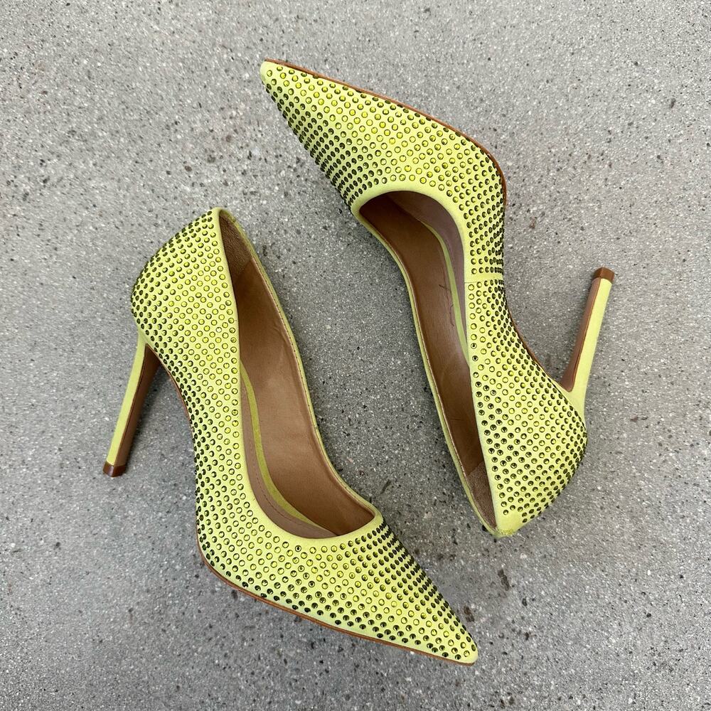 Schutz Lou Crystal Rhinestones Pointed Toe Pumps in Lime Green